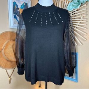 89th & MADISON Illusion Mesh Puff Sleeve Rhinestones Sweater - Large